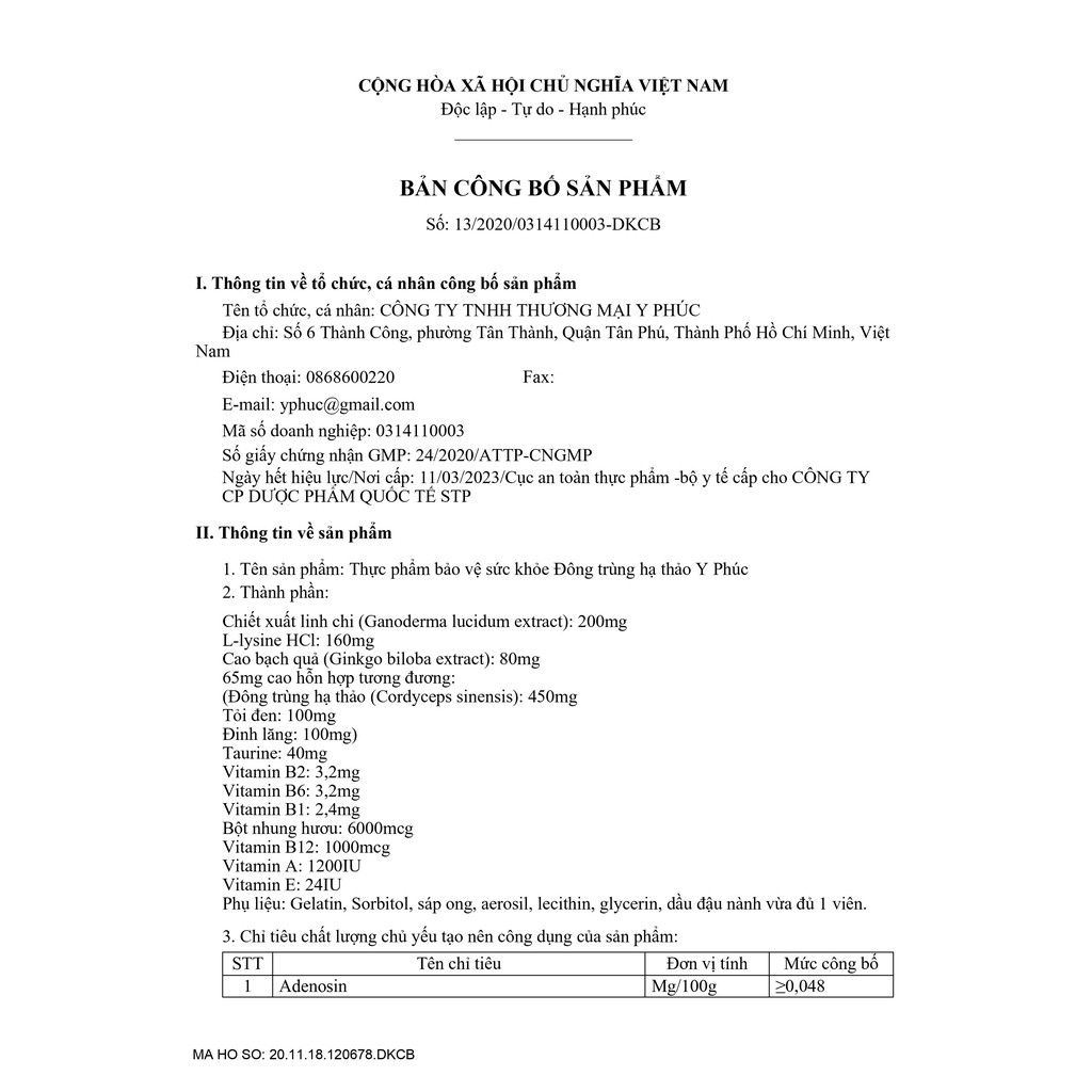 Đông trùng hạ thảo Y Phúc, bồi bổ sức khoẻ, tăng cường miễn dịch, giúp ăn ngon ngủ ngon, hộp 30 viên