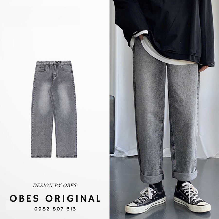 [OBES] Quần jeans nam màu xám trơn suông rộng mã QT32