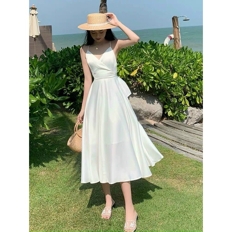 ✨BÁN SỈ✨Đầm hai dây buộc nơ lưng 2 màu trắng,xanh