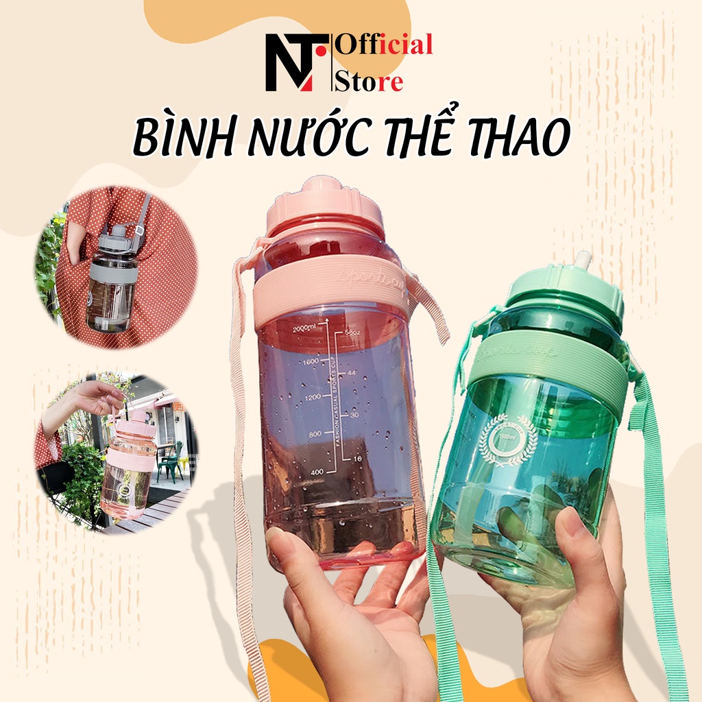 Bình đựng nước phong cách  thể thao, có dây đeo và ống hút tiện lợi - NT Store