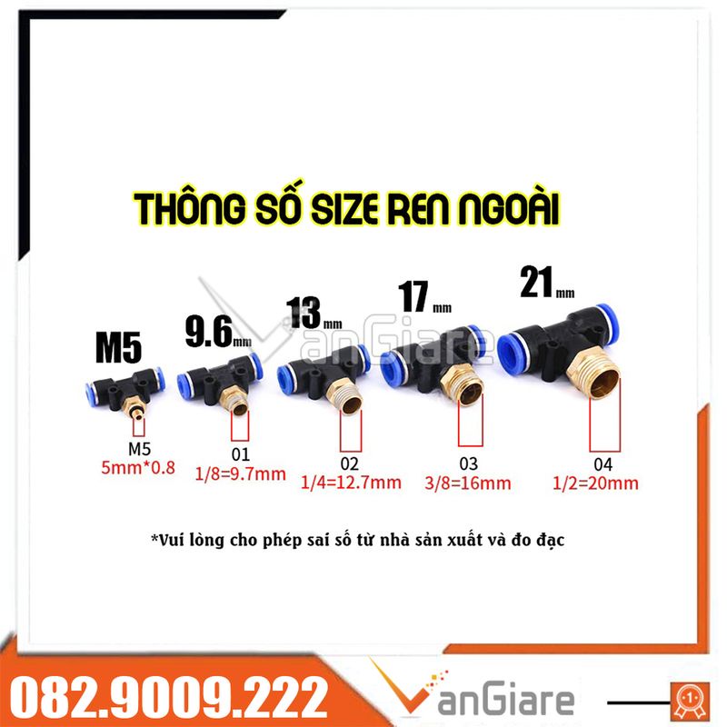 Đầu nối nhanh khí nén 3 ngã kiểu T ren ngoài PB cho ống 4mm 6mm 8mm 10mm 12mm