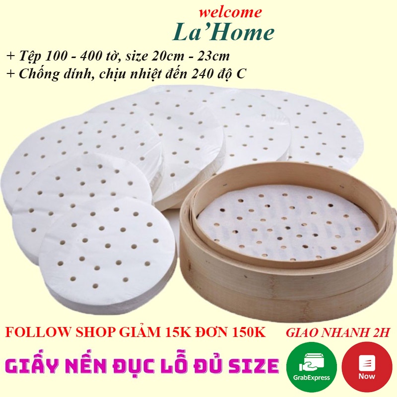 100 tờ Giấy nến đục lỗ La'Home, Giấy nến tròn lót xửng hấp, nồi chiên không dầu, hấp bánh bao