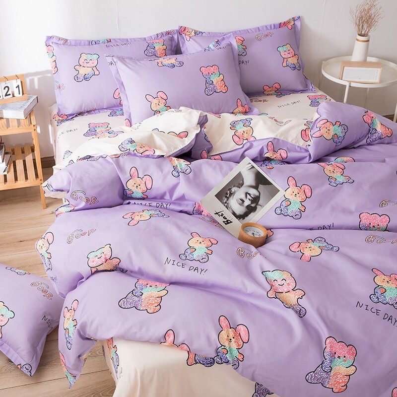 Bộ Drap &amp; Chăn Phao Cotton Poly Gấu Tím