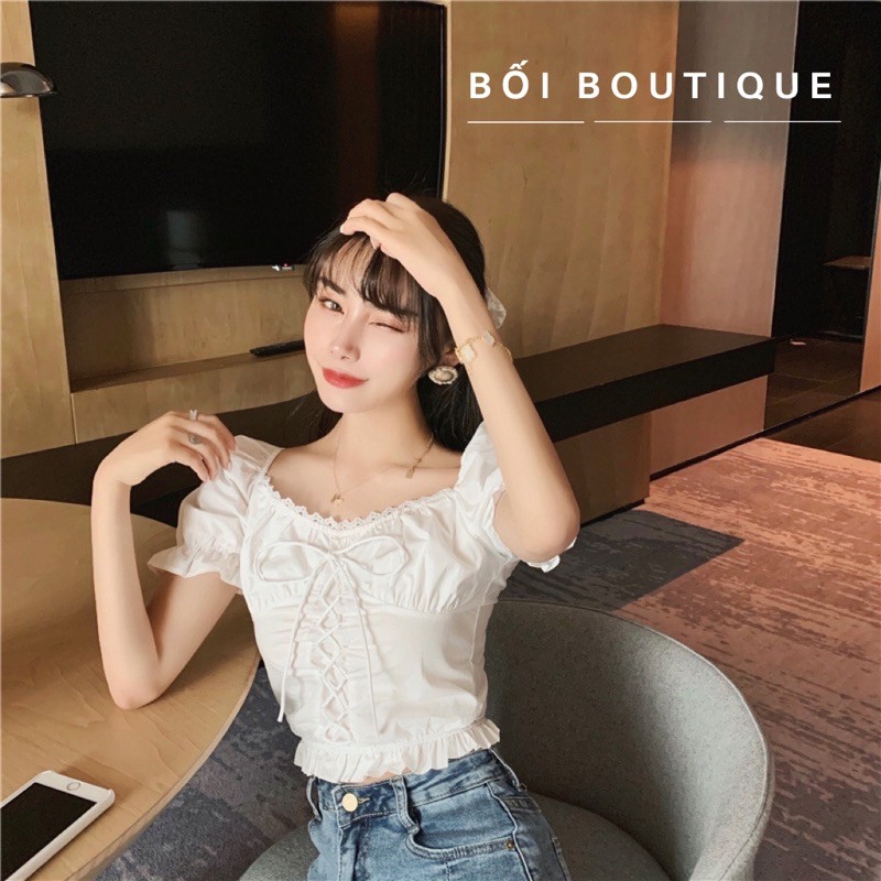 [100% GIỐNG ẢNH] Áo croptop cổ vuông tay ngắn ôm eo hợp thời tang trang hè | BigBuy360 - bigbuy360.vn
