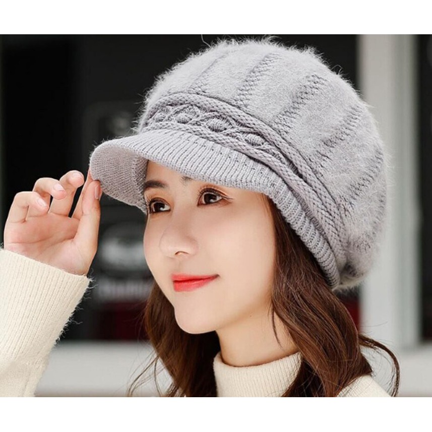 Mũ len lông xù gân dọc A072 mềm mại, 2 lớp, lót lông, ấm ấp, dùng quanh năm