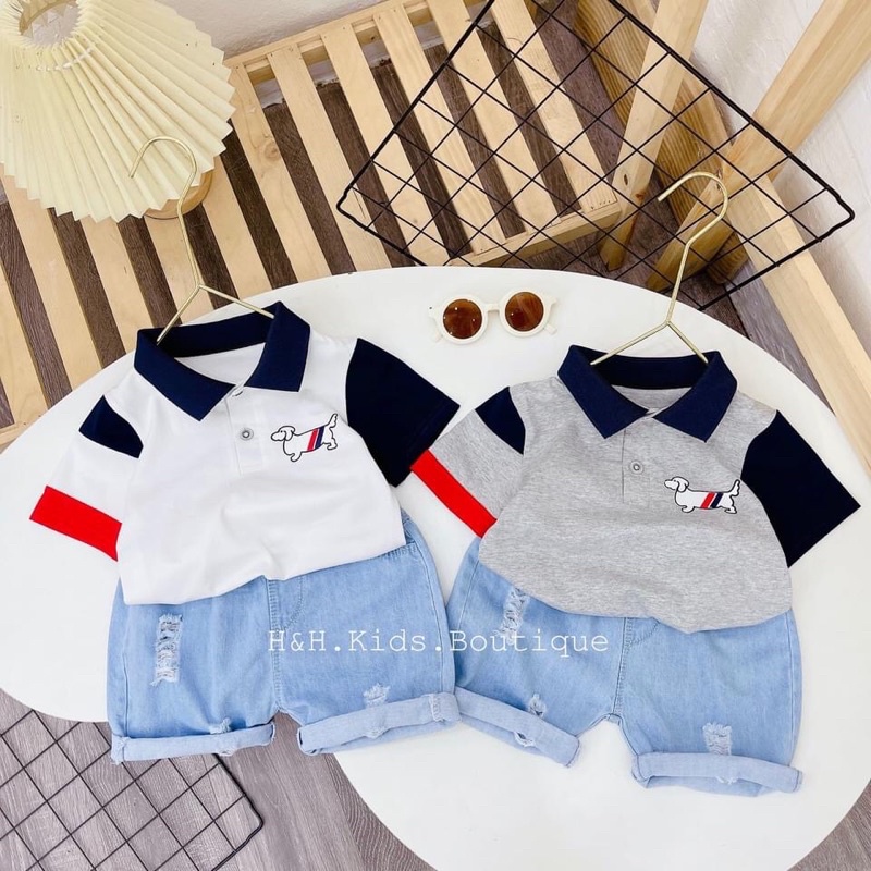 Set bộ quần jean mềm . áo cổ trụ in hình hoodie cho bé trai cực hot với hai màu trắng và ghi