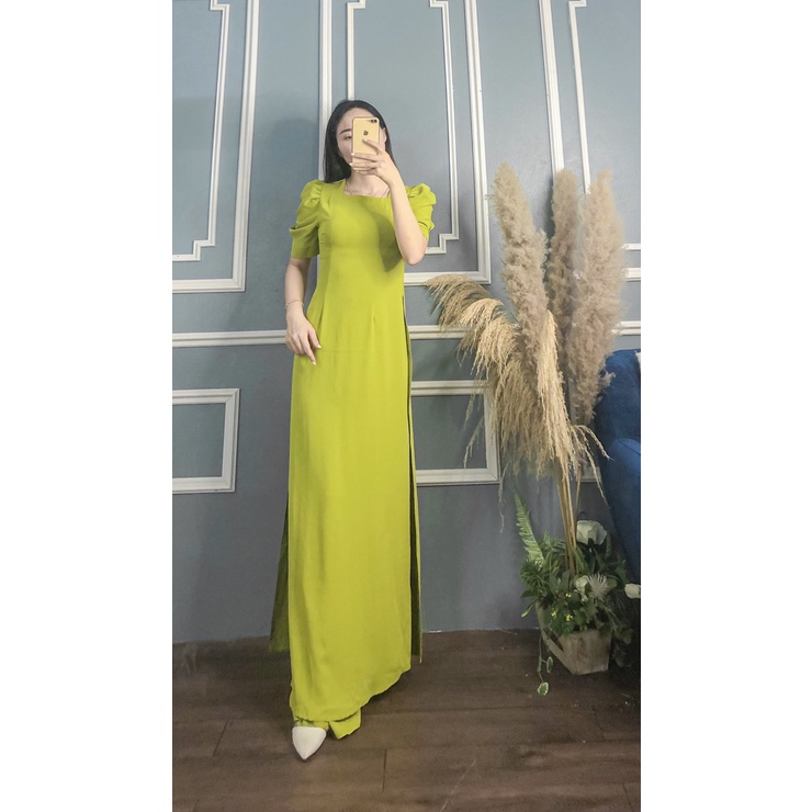 ÁO DÀI XANH CỐM CỔ VUÔNG TAY BỒNG