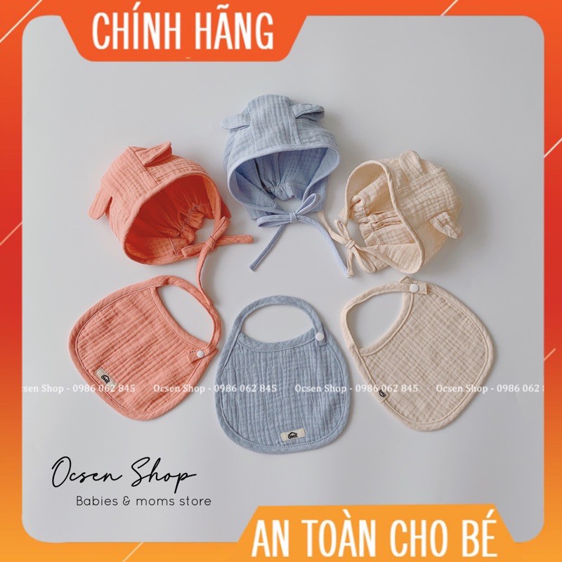 Set Yếm xô và Mũ xô tai gấu OME sơ sinh (0-6m) cao cấp