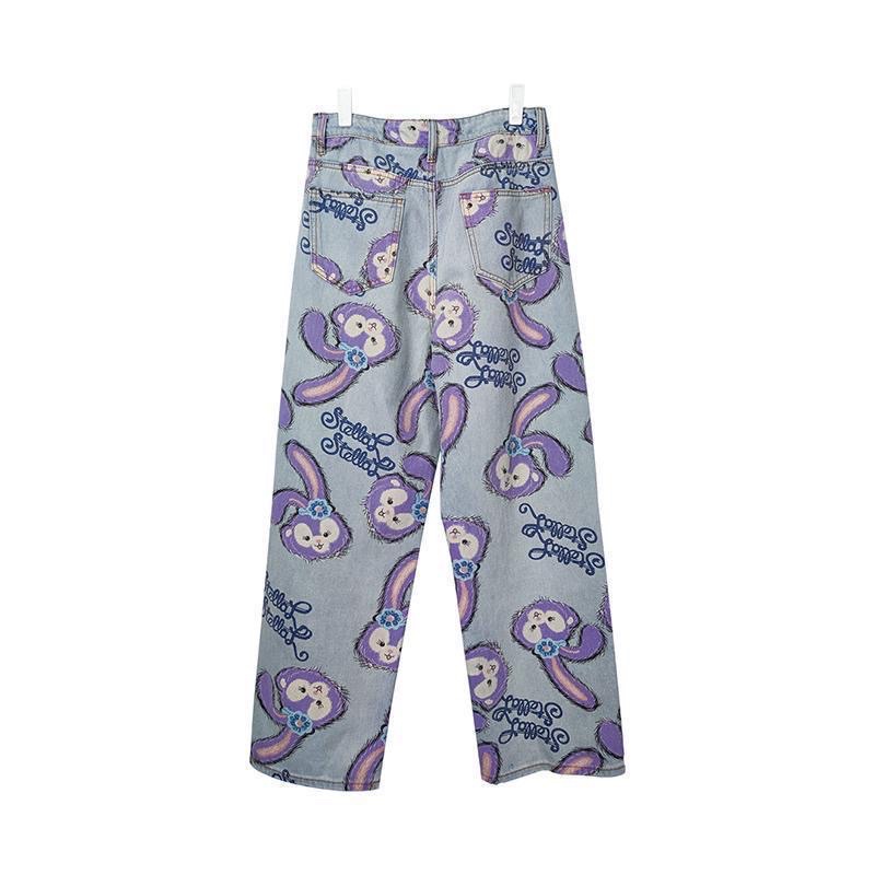 Quần Jean Ống Rộng Lưng Cao Hoạ Tiết Hoạt Hình Siêu Chất