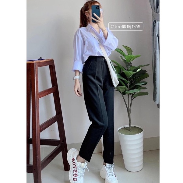 Quần tây nữ đi học lưng cao dáng dài cạp có đai ống đứng màu Xanh đen vải mềm Quần vải baggy nữ học sinh đi làm công sở