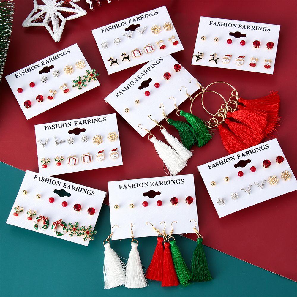 Set 6 Đôi Khuyên Tai Chủ Đề Giáng Sinh Cho Nữ|Khuyên Tai Kim Loại Thời Trang Cá Tính|Phụ Kiện Trang Trí Hình Người Tuyết / Hươu / Nai Sừng Tấm Độc Đáo