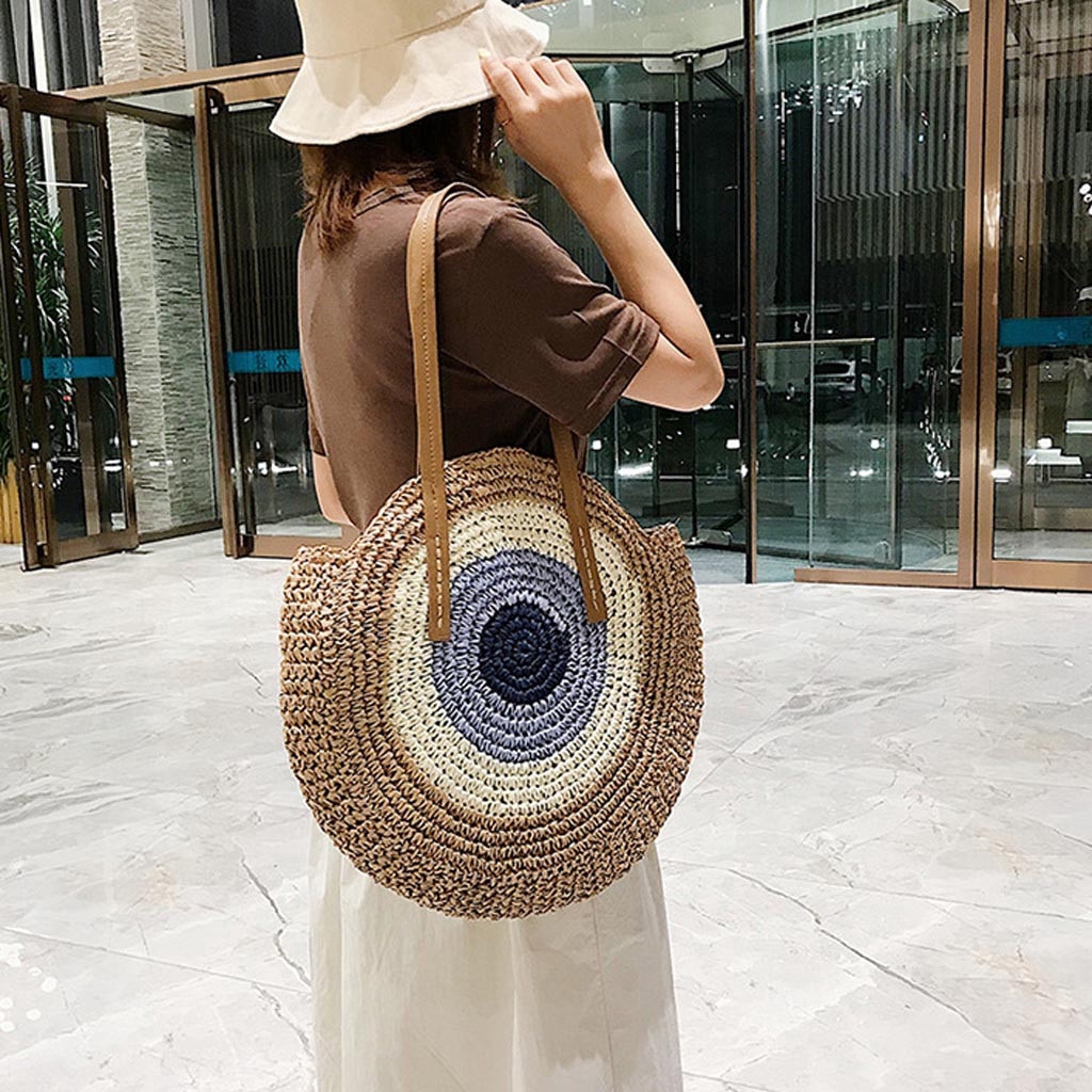 Túi đeo vai rơm mây đan hình tròn kiểu Bohemian đi biển cho phụ nữ