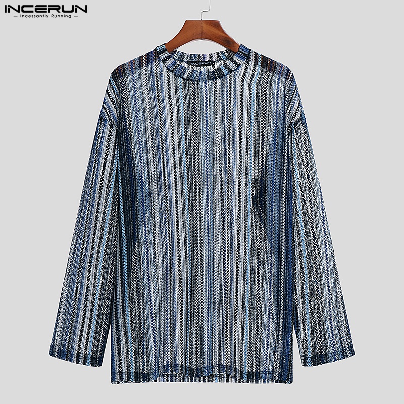 Áo dài tay INCERUN trong suốt kẻ sọc phối khóa kéo kiểu vintage thời trang mùa hè cho nam