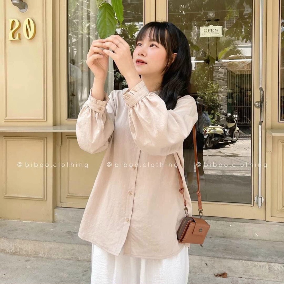 Áo sơ mi nữ dài tay form rộng thêu trái tim vải đũi 2 màu basic nội y xanh chất đẹp mầu trắng đen