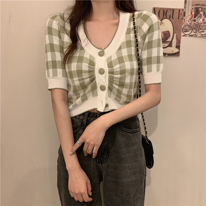 Áo Cardigan ZHELIHANGFEI Dệt Kim Ngắn Tay Cổ Chữ V Thời Trang