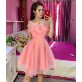 Đầm xoè công chúa trễ vai kết hoa siêu yêu