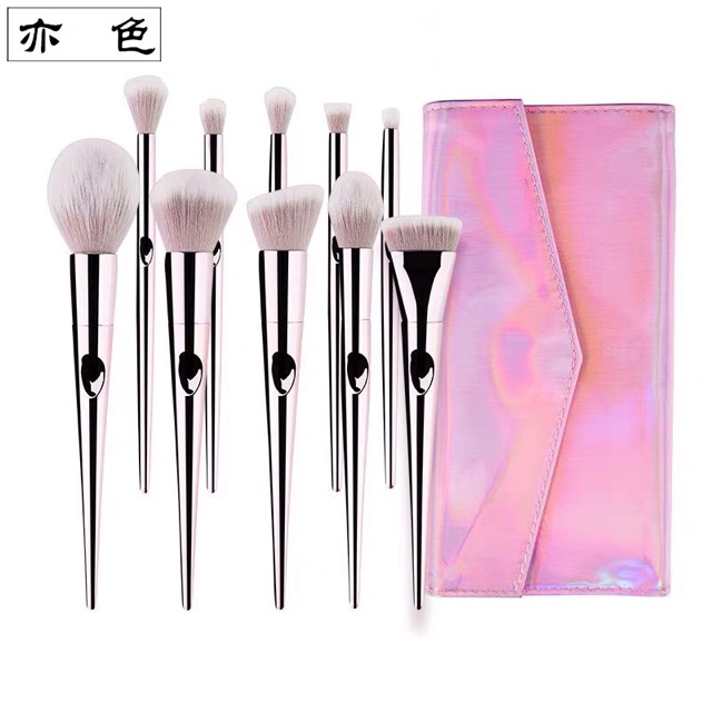 Bộ cọ trang điểm 12 món màu ĐỎ BE Cao Cấp kèm bao Da