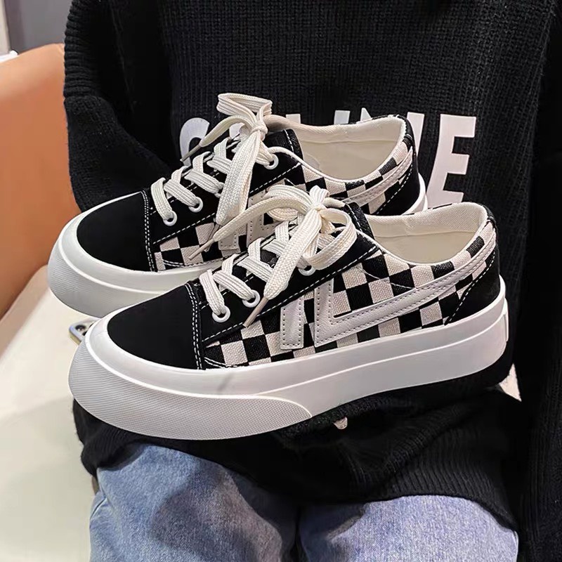 Giày thể thao nữ bata Caro Kẻ Sọc cổ thấp vải canvas đế cao 4 cm dáng basic phong cách sneaker ulzzang hàn quốc 2022