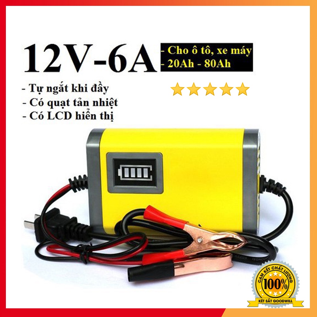 Bộ sạc bình ắc quy tự động ngắt 12V 2Ah-20Ah, sạc acquy xe máy, xe ô tô, có đèn led báo đầy