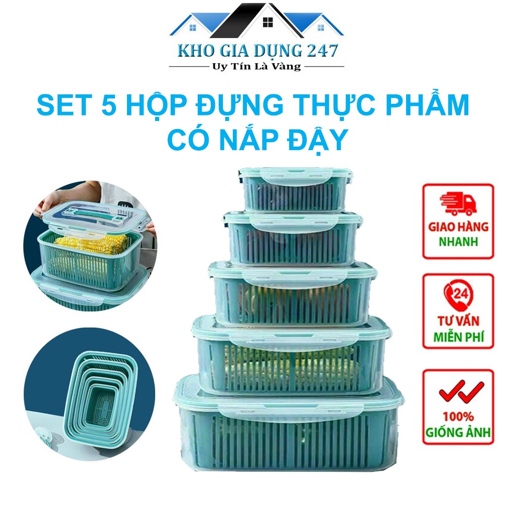 Bộ 5 Hộp Dựng Thực Phẩm Có Nắp Đậy, Chất Liệu Nhựa Cao Cấp - Bảo Quản Thức Ăn Tiện Dụng