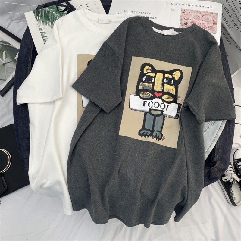 Áo thun SUXI cổ tròn ngắn tay dáng rộng in họa tiết phong cách Hàn Quốc thời trang hè đơn giản cho nữ