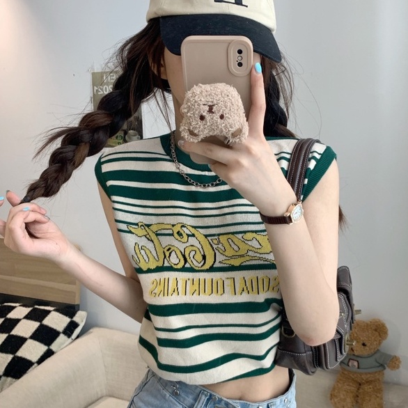 Áo kiểu ZHELIHANGFEI dệt kim sát nách thiết kế hở eo phong cách Mỹ trẻ trung thời trang