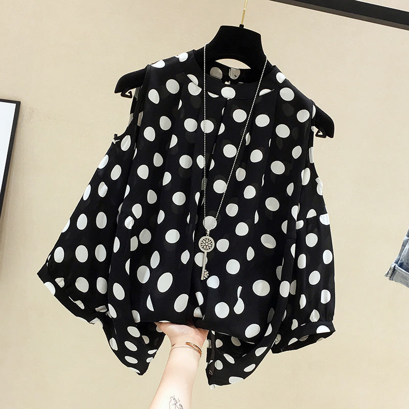 Áo Sơ Mi Chiffon Tay Lỡ Hở Vai Họa Tiết Chấm Bi Trắng/Đen Thời Trang Cho Nữ Size M-4XL