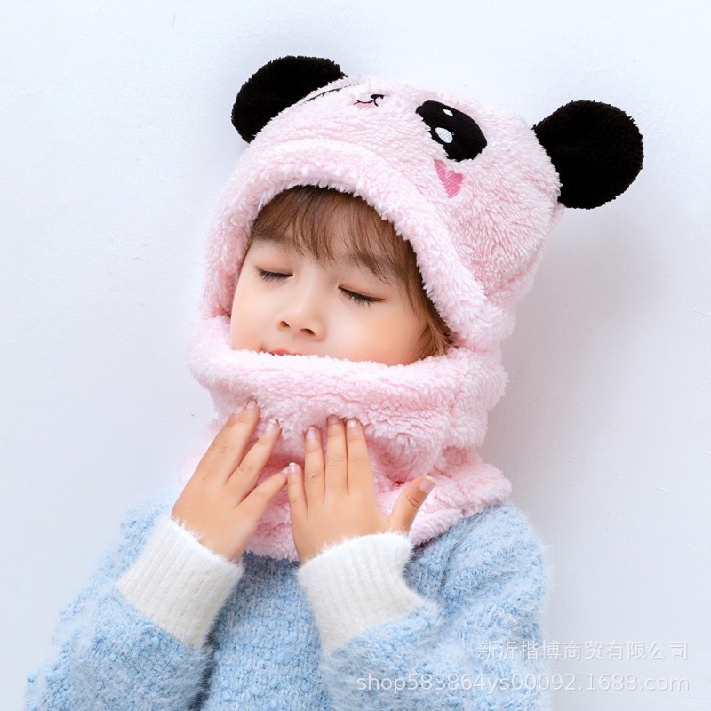 Mũ Gấu Lông Cừu Kèm Khăn Hình Gấu Panda, Tư 2-10 tuổi, Chất Liệu Mềm Mịn Giữ Ấm Cho Bé Trai Và Bé Gái