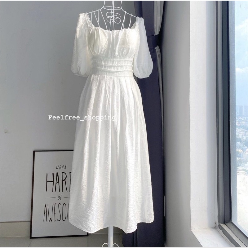 Đầm Trắng Dáng Dài Kèm Mút Ngực Cổ Vuông Hai Lớp Mặc Đi Tiệc, Đi Chơi (Hình Thật) D078