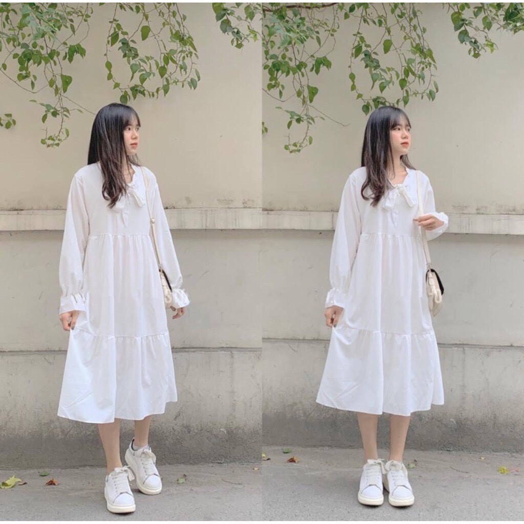 Váy đầm nữ BabyDoll dáng xòe tay phồng có nơ ngực