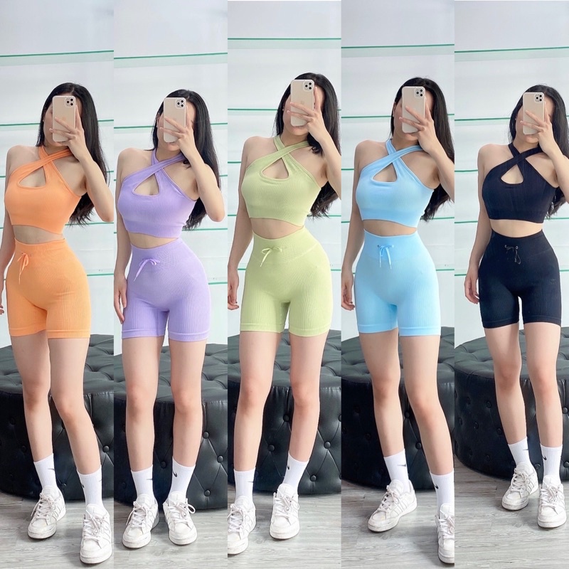 Bộ quần áo tập gym áo chéo ngực quần lửng cao cấp