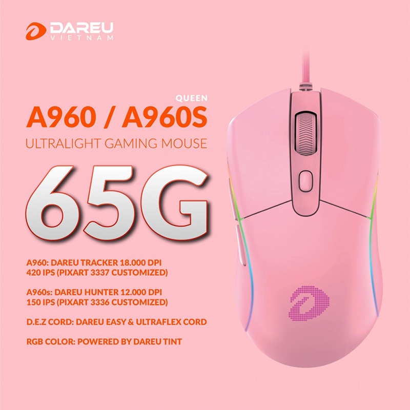 Chuột Gaming DAREU A960s – ULTRALIGHT (TRACKER PWM3336, LED RGB) - Chuột máy tính siêu nhẹ