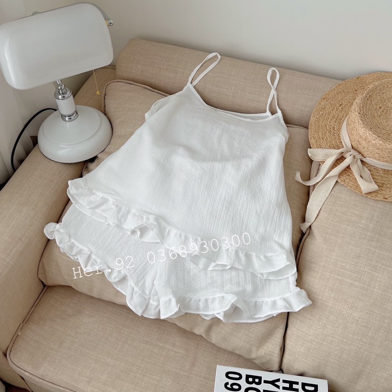 Bộ đũi hai dây mặc nhà viền bèo trơn Đồ ngủ xinh siêu mát mùa hè