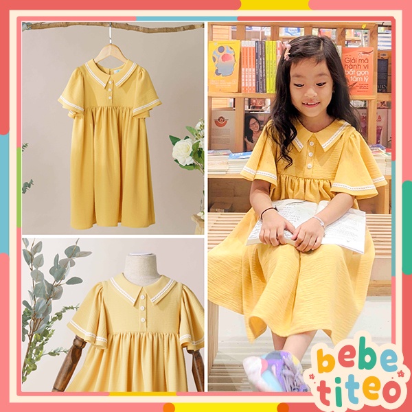 Váy Bé Gái Thiết Kế Nora Màu Vàng Nắng, Tay Áo Cánh Tiên Viền Ren BEBAE KIDSWEAR