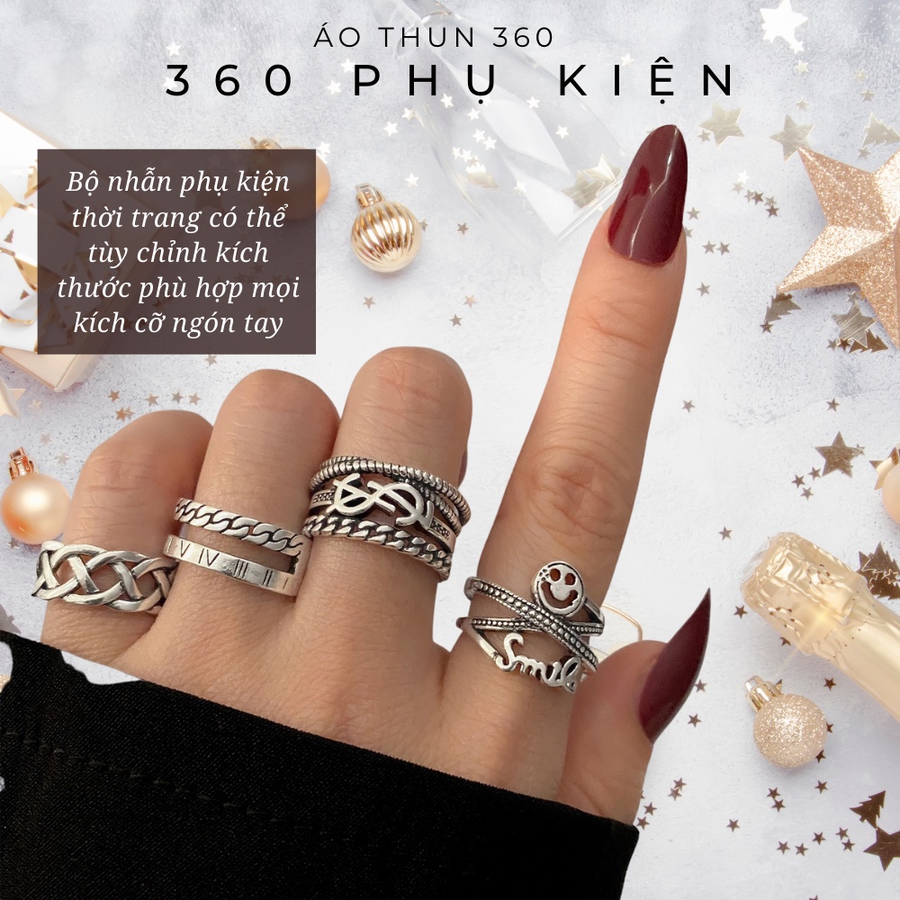 Nhẫn Thời Trang Bạch Kim 360 Phụ Kiện Cá Tính Nhiều Kiểu Tùy Chọn, Nhẫn Unisex Điều Chỉnh Kích Thước Tùy Ý