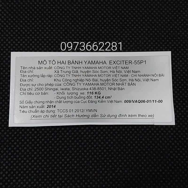 Tem dán càng gắp EXCITER 135 2014. 55P1, Tem thông số năm Sản xuất
