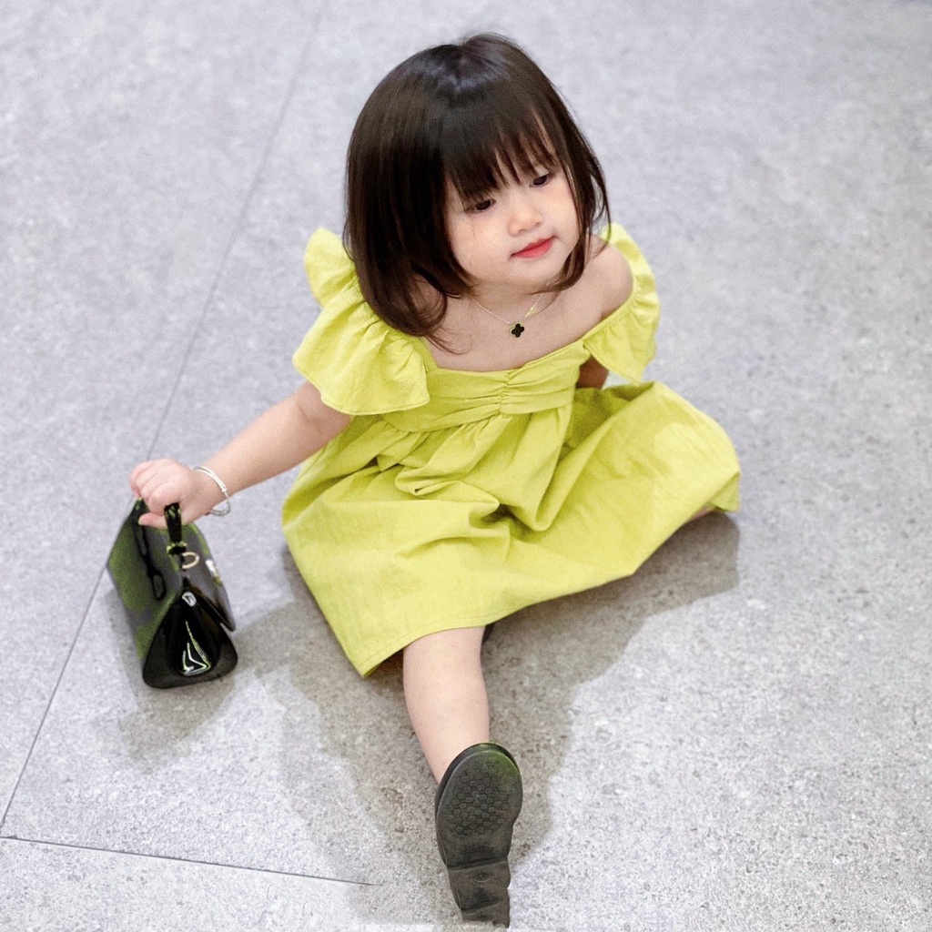 Váy 2 dây cánh tiên đính nơ lưng cho bé gái, váy cánh tiên chun ngực chất đũi sần cara mát mẻ cho bé