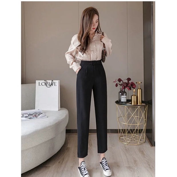 Quần tây nữ công sở lưng cao dáng dài 2 nút khuy bấm cúc lệch màu đen vải mềm ống đứng Quần tây baggy nữ công sở cạp cao