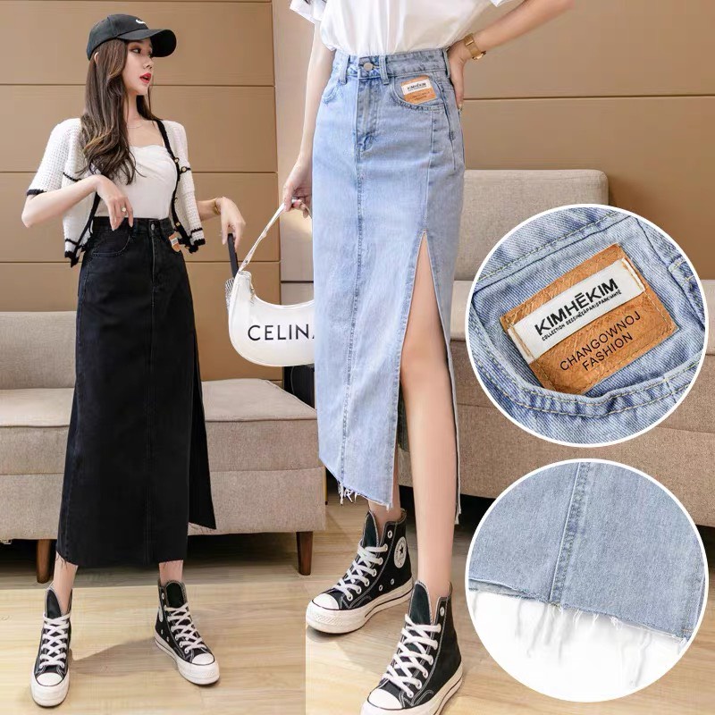 Váy bò Denim Lưng Cao Xẻ Tà Quyến Rũ Cho Nữ, Chân váy jeans đính tag