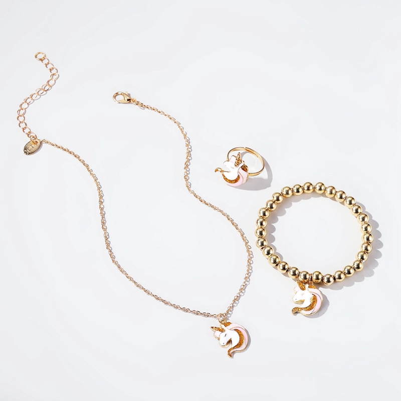 New Cartoon Unicorn Multicolor Necklace Bracelet Ring Women 's Jewelry