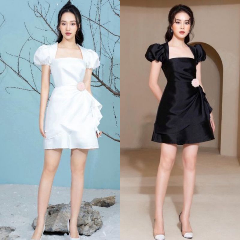 ĐẦM CỔ VUÔNG VẠT XÉO KÈM TAG HOA EO