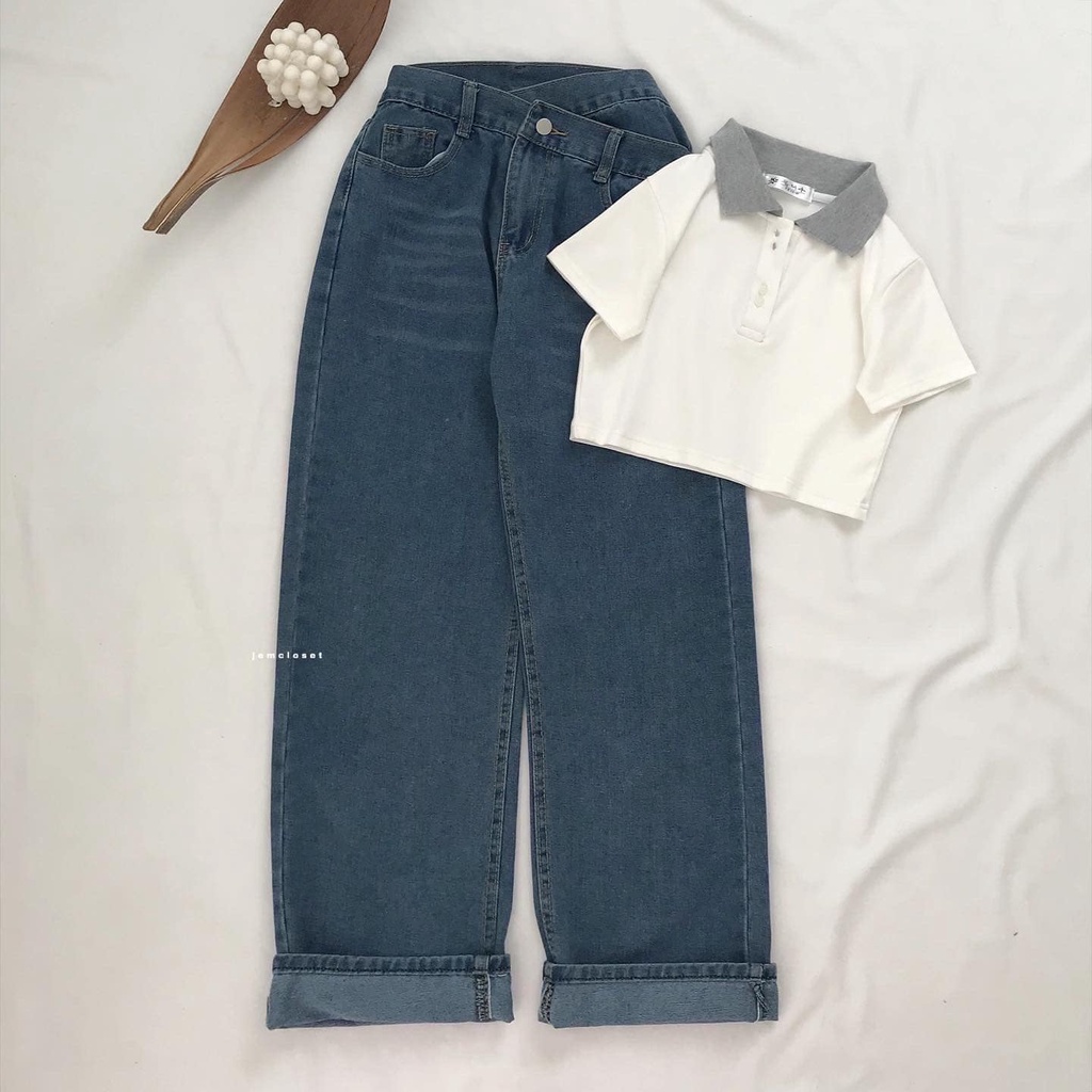 Quần Jeans Ống Suông JEM CLOSET Quần Bò Nữ Ống Đứng SEFAN Thiết Kế Cạp Chéo Phong Cách Thời Trang Dễ Mix Đồ Xinh 2805