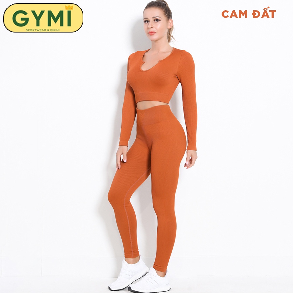 Set bộ đồ tập gym yoga nữ GYMI SET23 gồm áo croptop dài tay và quần legging thể thao chất dệt thun gân