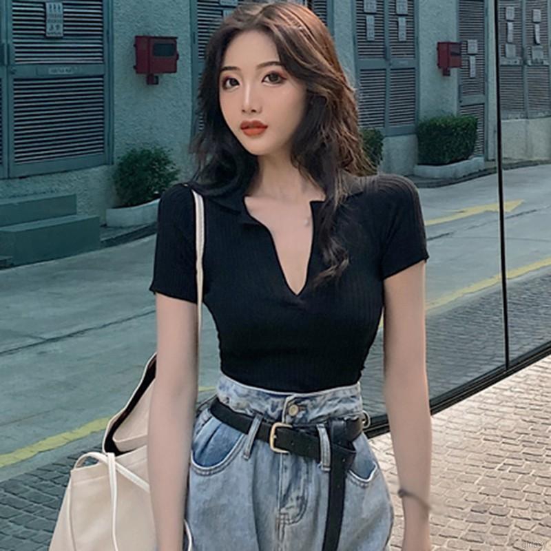 Áo Dệt Kim Tay Ngắn Cổ Bẻ Màu Trơn Phong Cách Retro Hàn Quốc