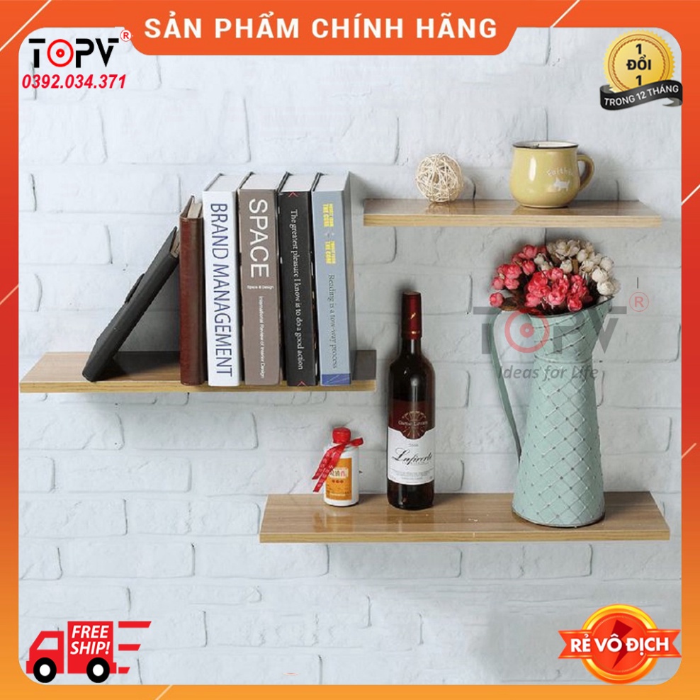 Kệ gỗ trang trí treo tường TopV decor bằng thanh gỗ ngang gắn tường mini phòng khách phòng ngủ TopVHCM