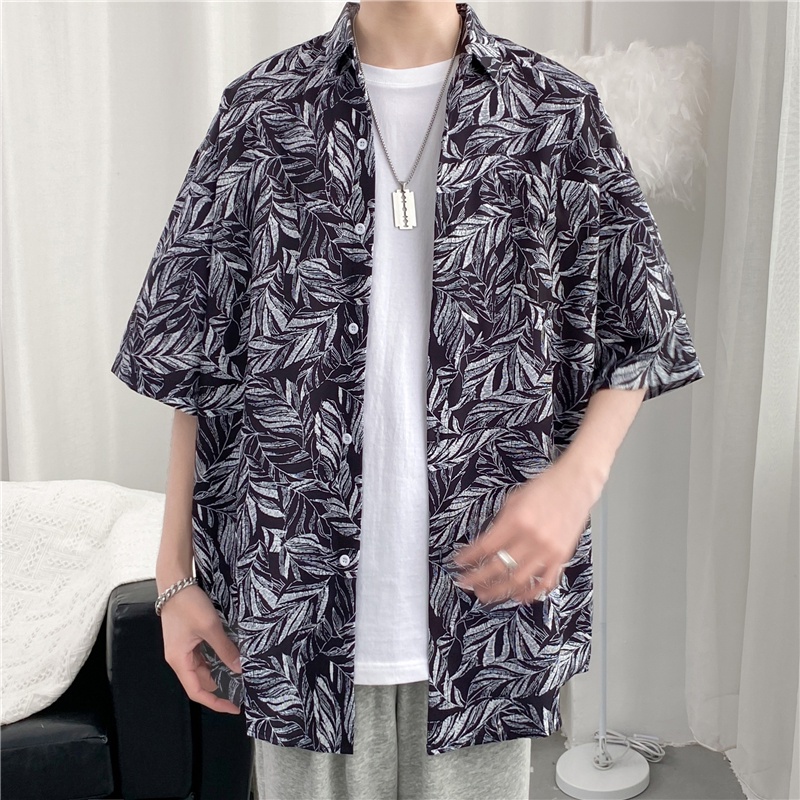 Short Sleeve Loose Shirt With Leaf Pattern Korean Style Summer 2022 Men's Fashion