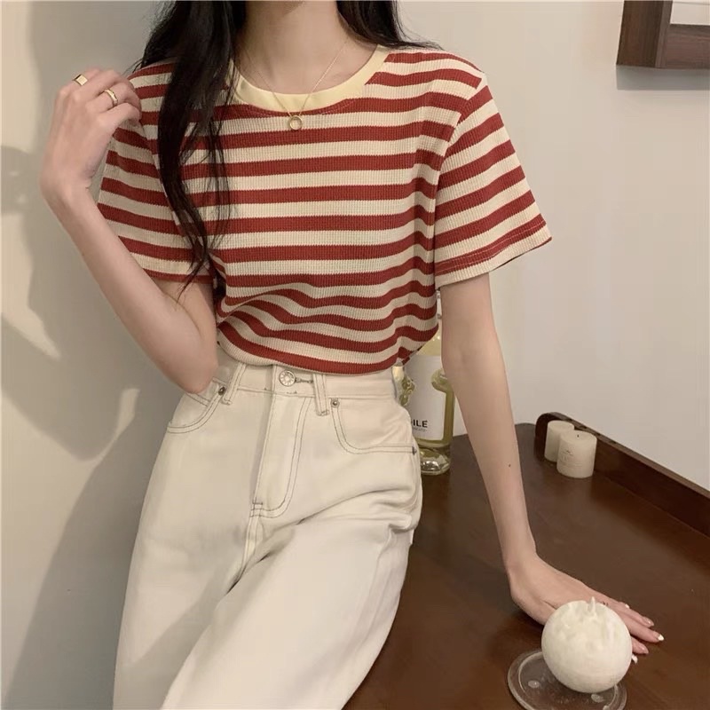 [Ảnh thật/Video]Áo phông kẻ KangChu form rộng mongtogi Hàng Quảng Châu Áo mongtogi chất đẹp mềm mịn