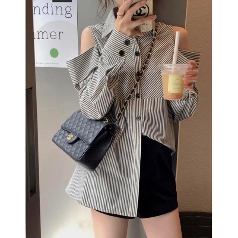 Áo sơ mi tay dài khoét vai oversize form rộng giấu quần kẻ sọc - Order taobao quảng châu