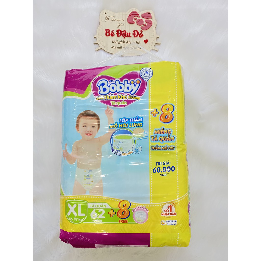 Tã quần Bobby m76 tặng 8 miếng, L68 tặng 8 miếng, XL 62 tặng 8miếng ,xxl tặng 4