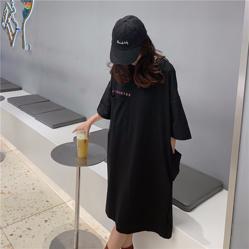 Đầm thun cotton PERTY ngắn tay thêu họa tiết phối túi thời trang cho nữ